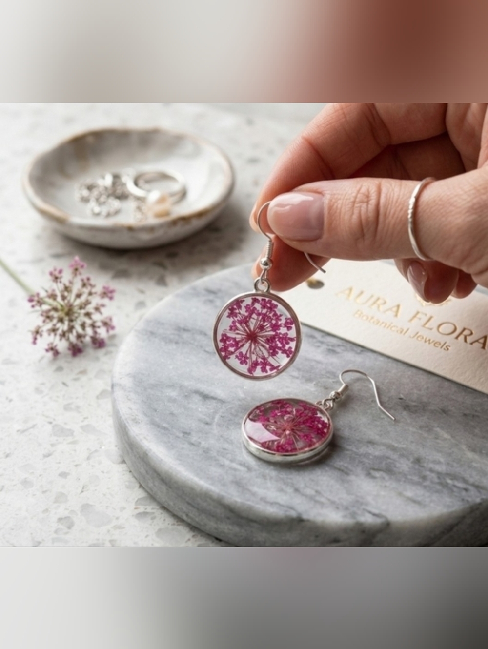 Pink Floral Dangle Earrings by - Picture 2 of 3